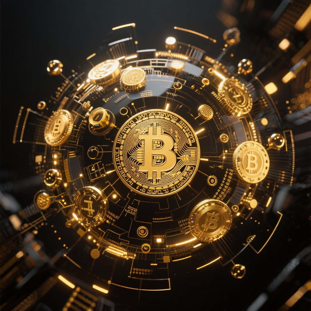 Digital cryptocurrency ecosystem visualization, gold and black theme, modern abstract art, glowin... (generated by AI)