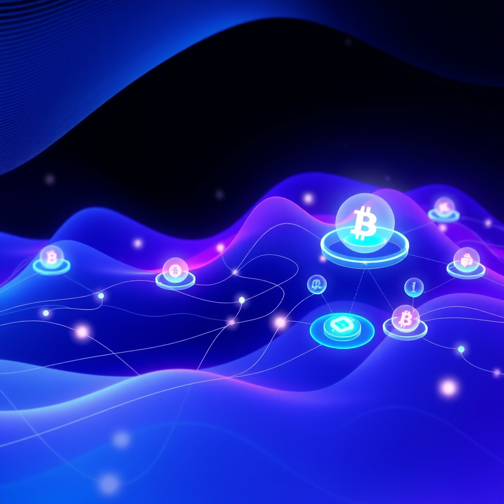 Digital cryptocurrency ecosystem visualization, green and cyan tones, modern abstract art, glowin... (generated by AI)