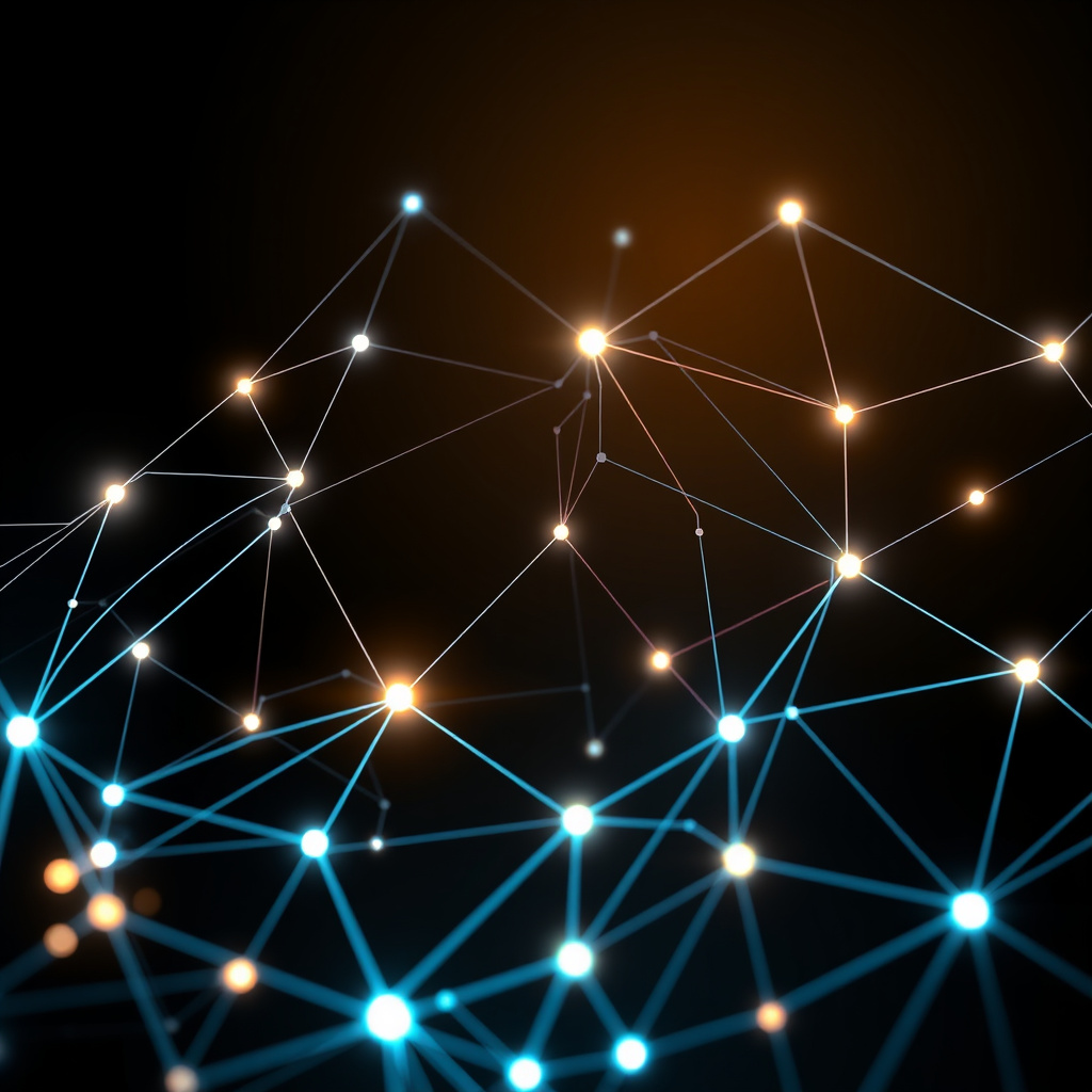 Blockchain network visualization, cyberpunk aesthetic, glowing digital connections, dark backgrou... (generated by AI)