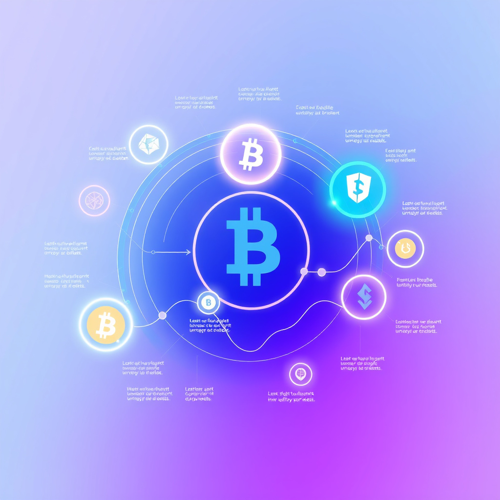 Digital cryptocurrency ecosystem visualization, blue and purple gradients, modern abstract art, g... (generated by AI)
