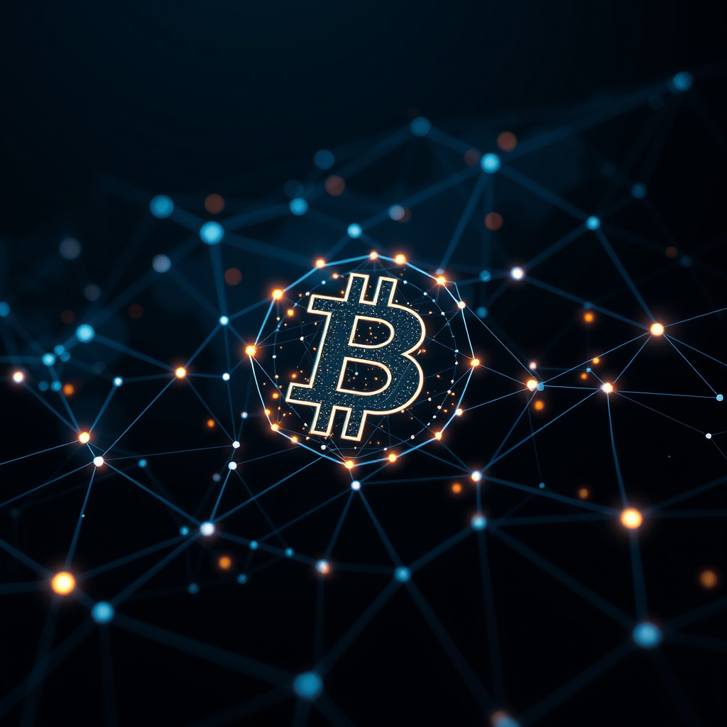 Digital cryptocurrency ecosystem visualization, gold and black theme, modern abstract art, glowin... (generated by AI)