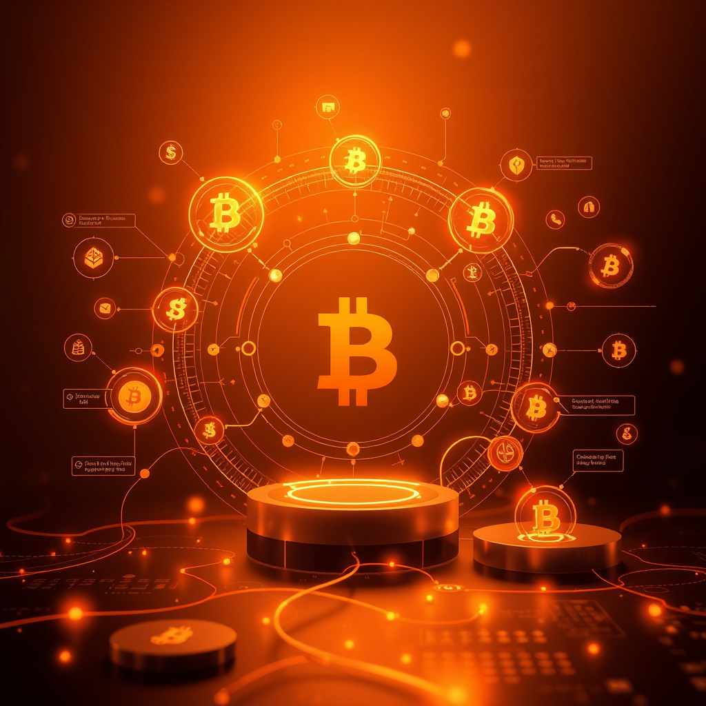 Digital cryptocurrency ecosystem visualization, amber and copper tones, modern abstract art, glow... (generated by AI)