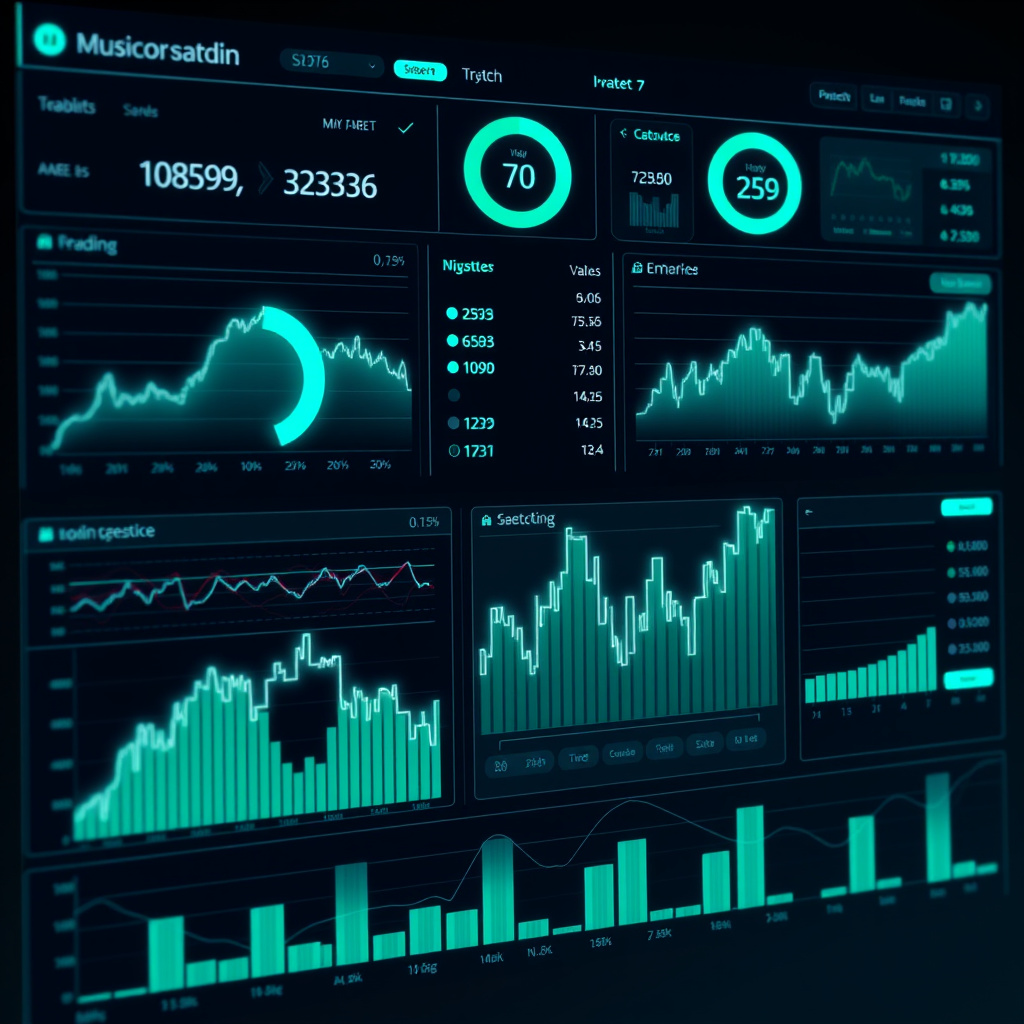 Digital trading dashboard visualization, teal and mint colors, glowing charts and graphs, modern ... (generated by AI)
