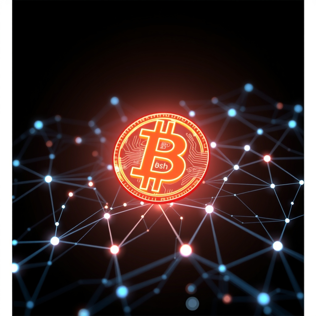 Blockchain network visualization, holographic effects, glowing digital connections, dark backgrou... (generated by AI)