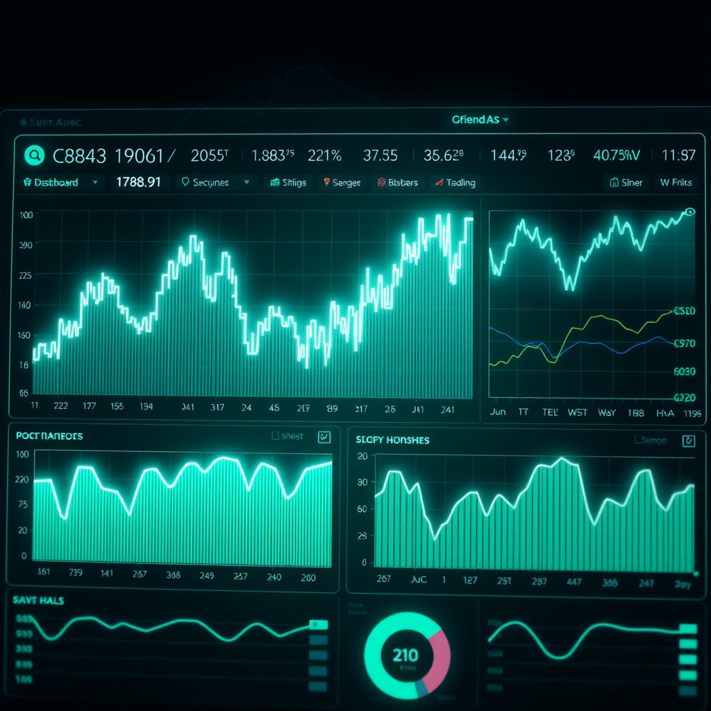 Digital trading dashboard visualization, teal and mint colors, glowing charts and graphs, modern ... (generated by AI)