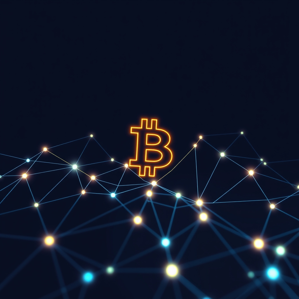 Blockchain network visualization, glowing gradients, glowing digital connections, dark background... (generated by AI)
