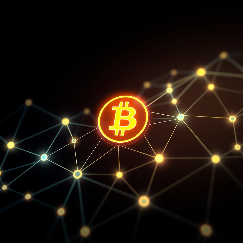 Blockchain network visualization, glowing gradients, glowing digital connections, dark background... (generated by AI)