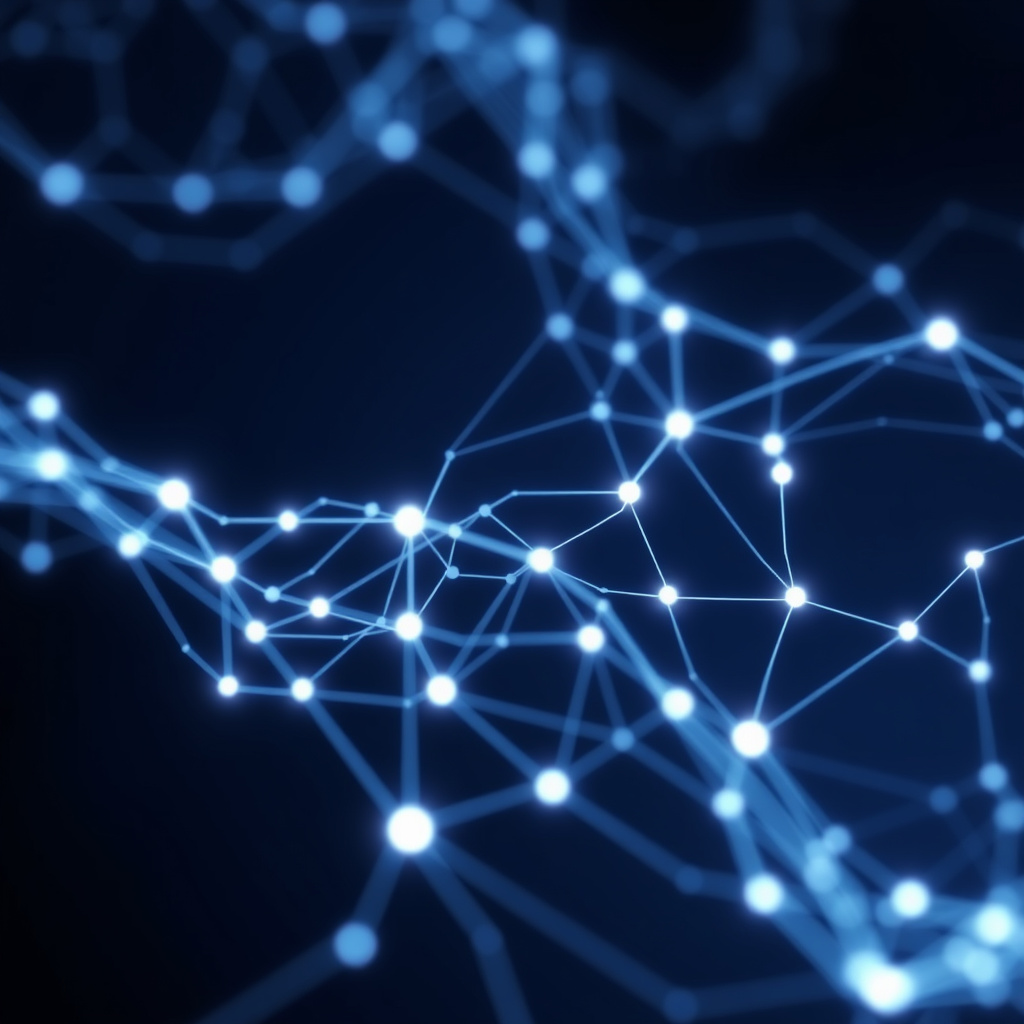 Blockchain network visualization, fluid dynamics, glowing digital connections, dark background, f... (generated by AI)