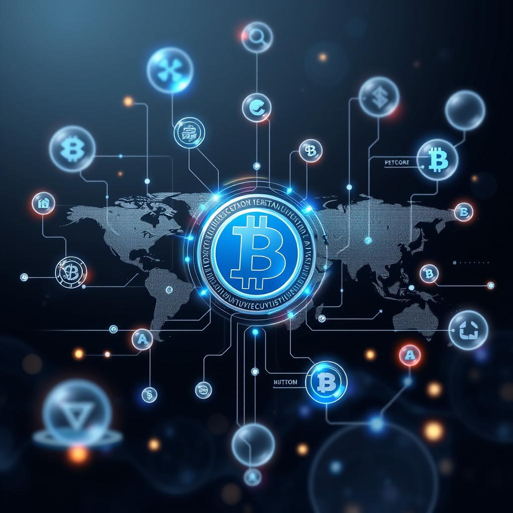 Digital cryptocurrency ecosystem visualization, silver and blue accents, modern abstract art, glo... (generated by AI)