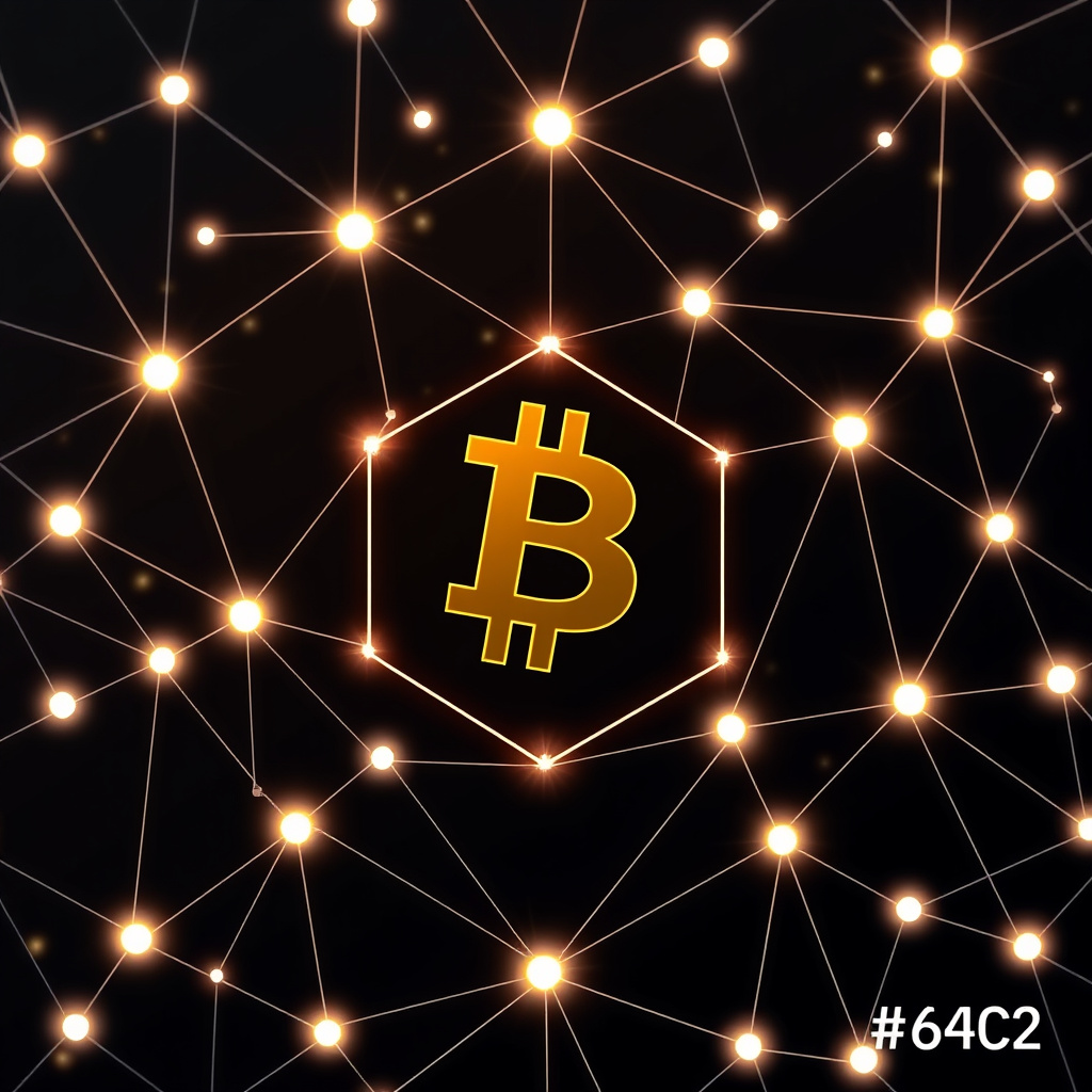 Blockchain network visualization, abstract geometric forms, glowing digital connections, dark bac... (generated by AI)