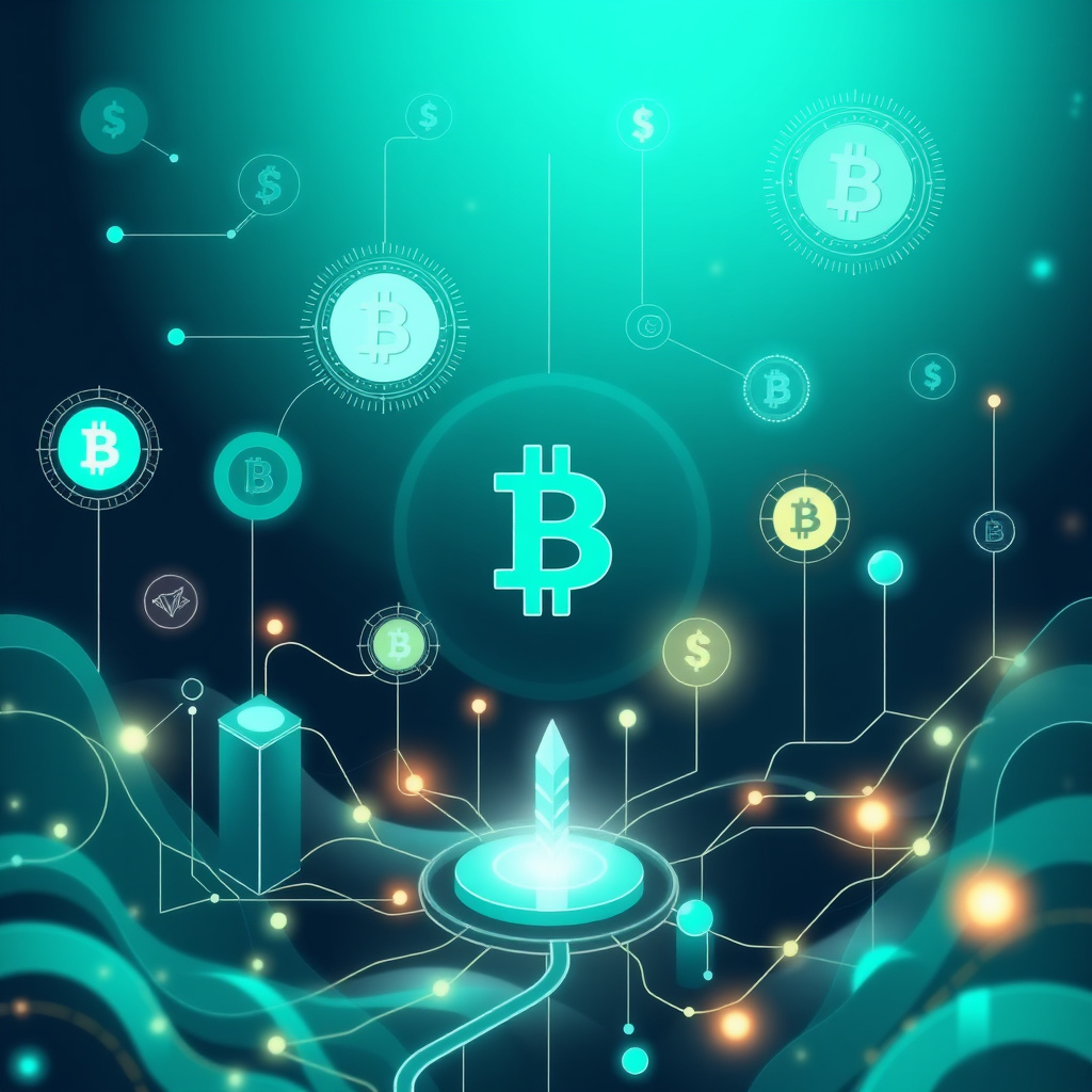 Digital cryptocurrency ecosystem visualization, teal and mint colors, modern abstract art, glowin... (generated by AI)