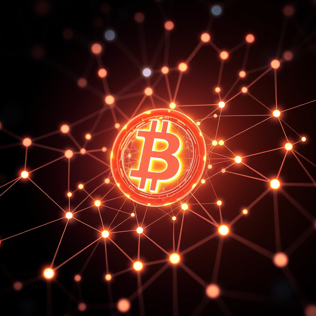 Blockchain network visualization, glowing gradients, glowing digital connections, dark background... (generated by AI)