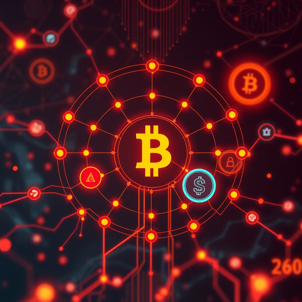 Digital cryptocurrency ecosystem visualization, orange and red highlights, modern abstract art, g... (generated by AI)