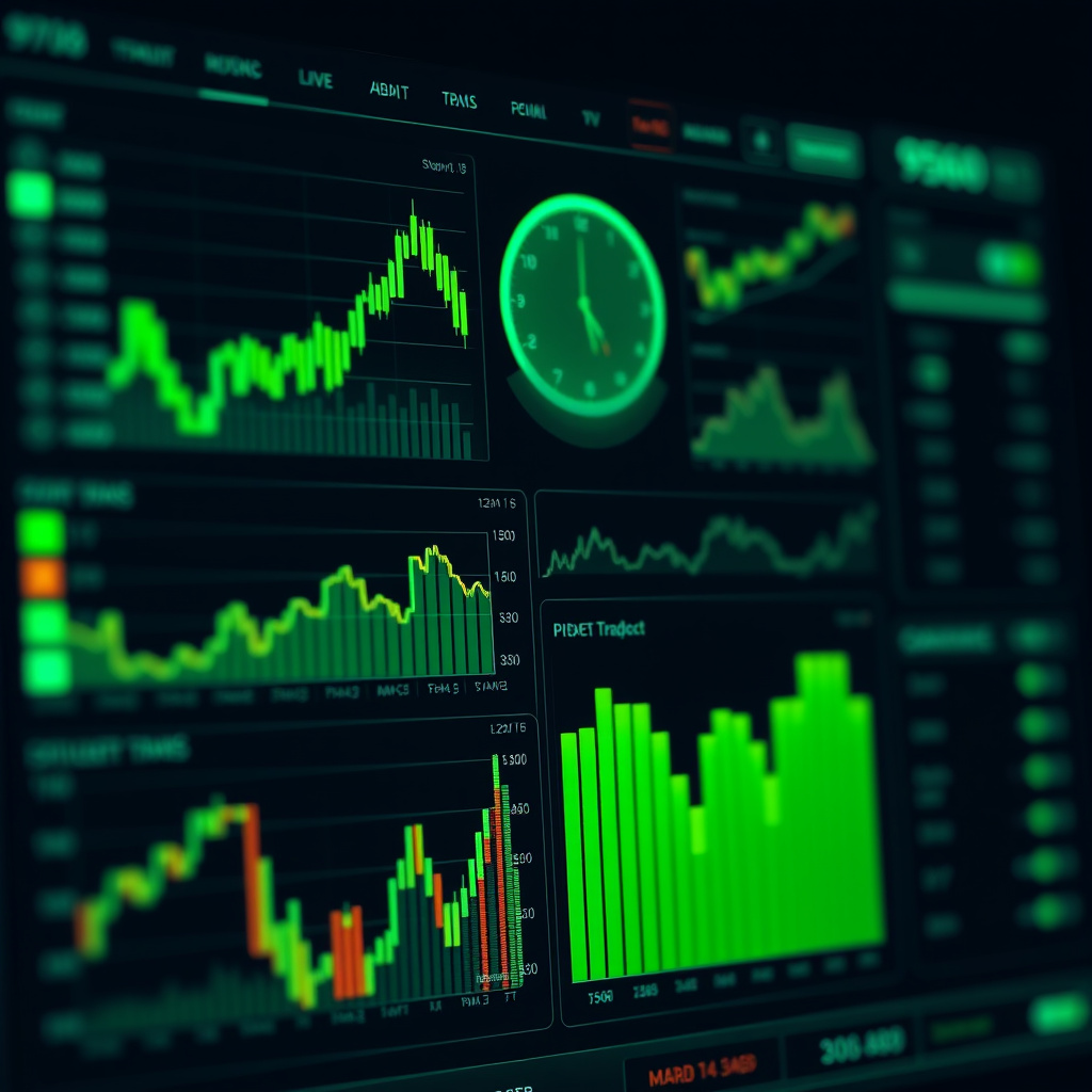 Digital trading dashboard visualization, green and cyan tones, glowing charts and graphs, modern ... (generated by AI)