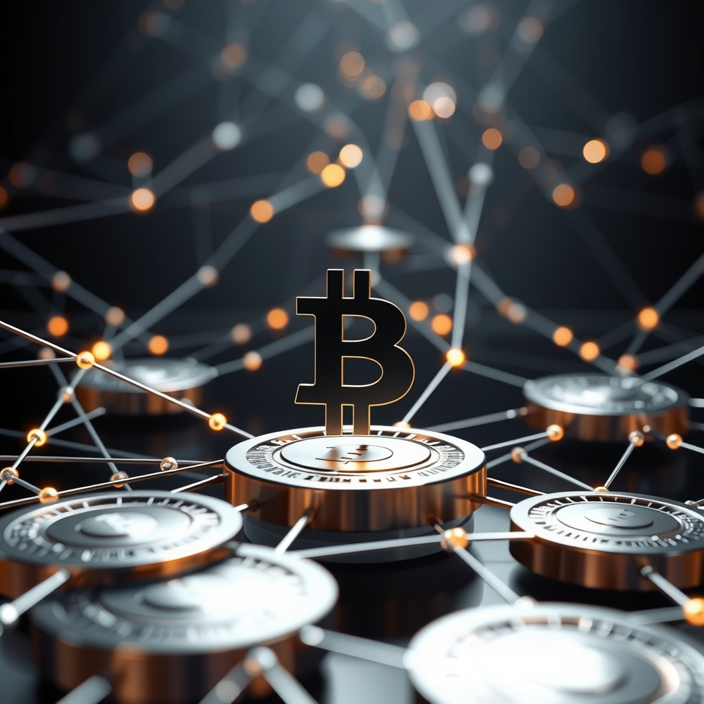 Blockchain network visualization, metallic surfaces, glowing digital connections, dark background... (generated by AI)