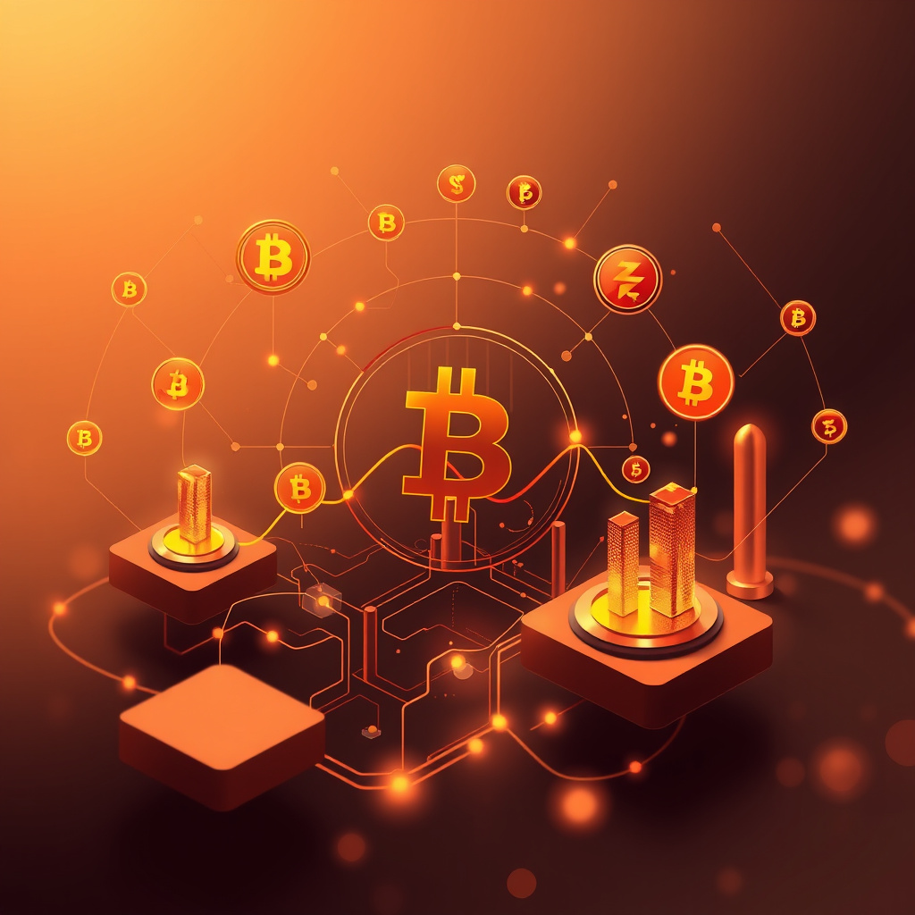 Digital cryptocurrency ecosystem visualization, amber and copper tones, modern abstract art, glow... (generated by AI)