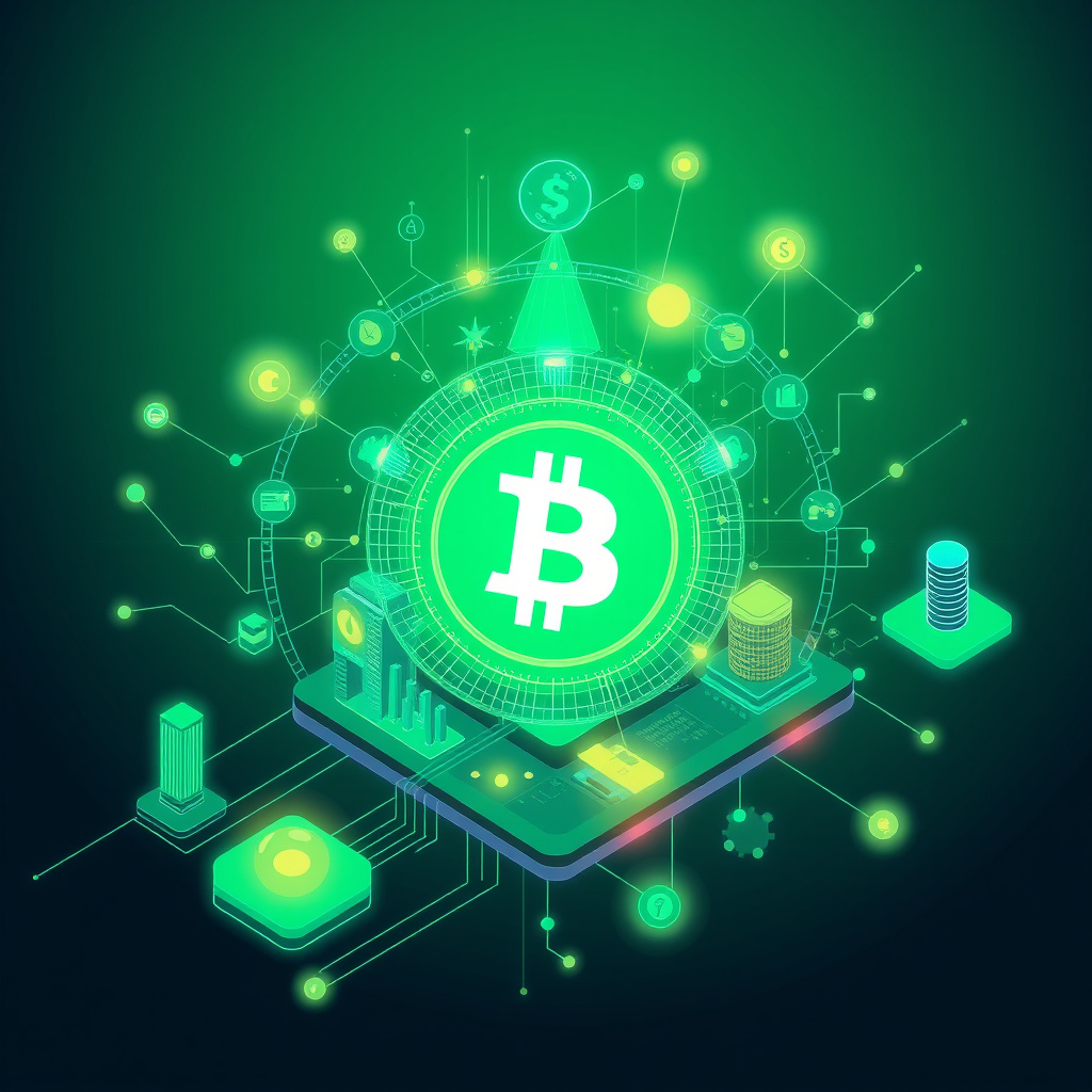 Digital cryptocurrency ecosystem visualization, green and cyan tones, modern abstract art, glowin... (generated by AI)