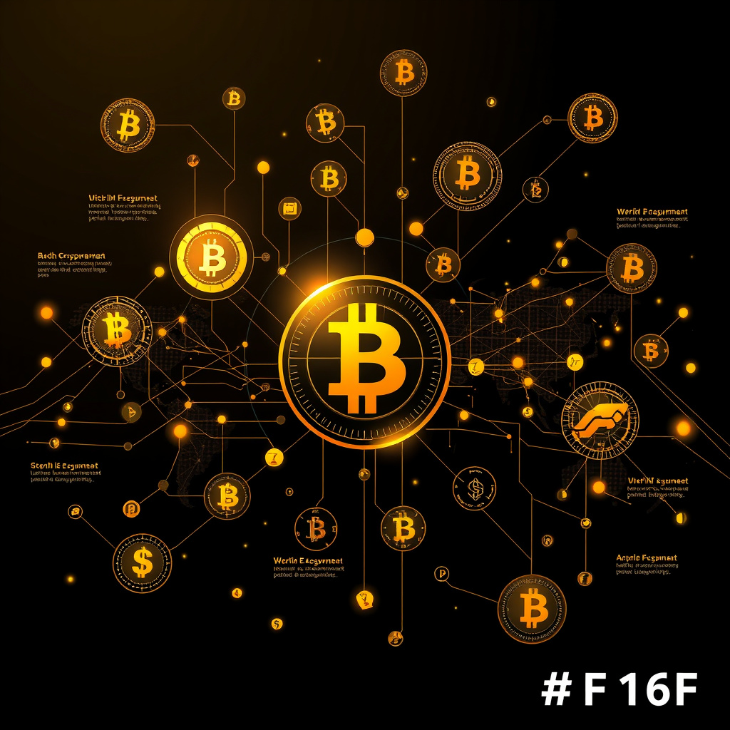 Digital cryptocurrency ecosystem visualization, gold and black theme, modern abstract art, glowin... (generated by AI)