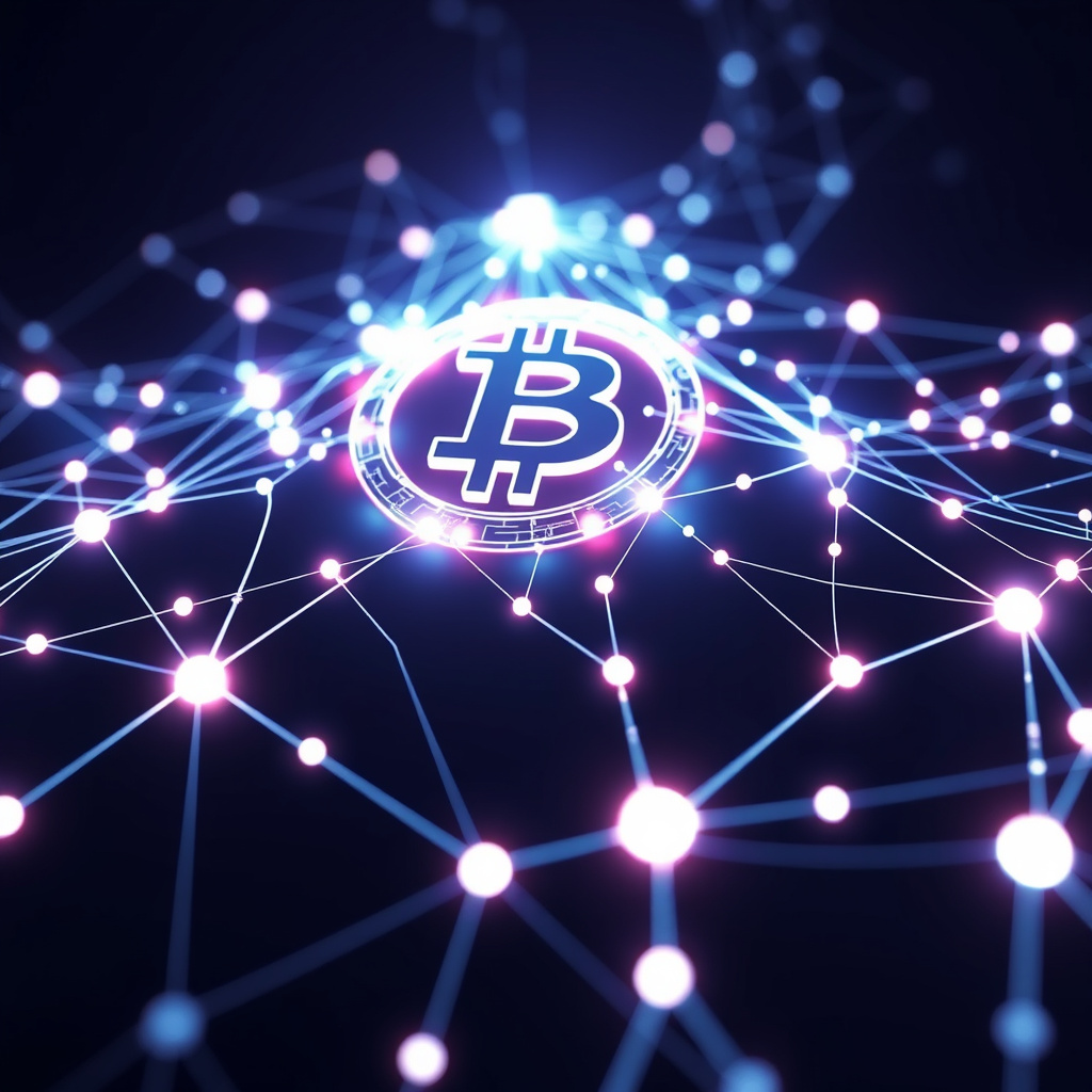 Blockchain network visualization, cyberpunk aesthetic, glowing digital connections, dark backgrou... (generated by AI)