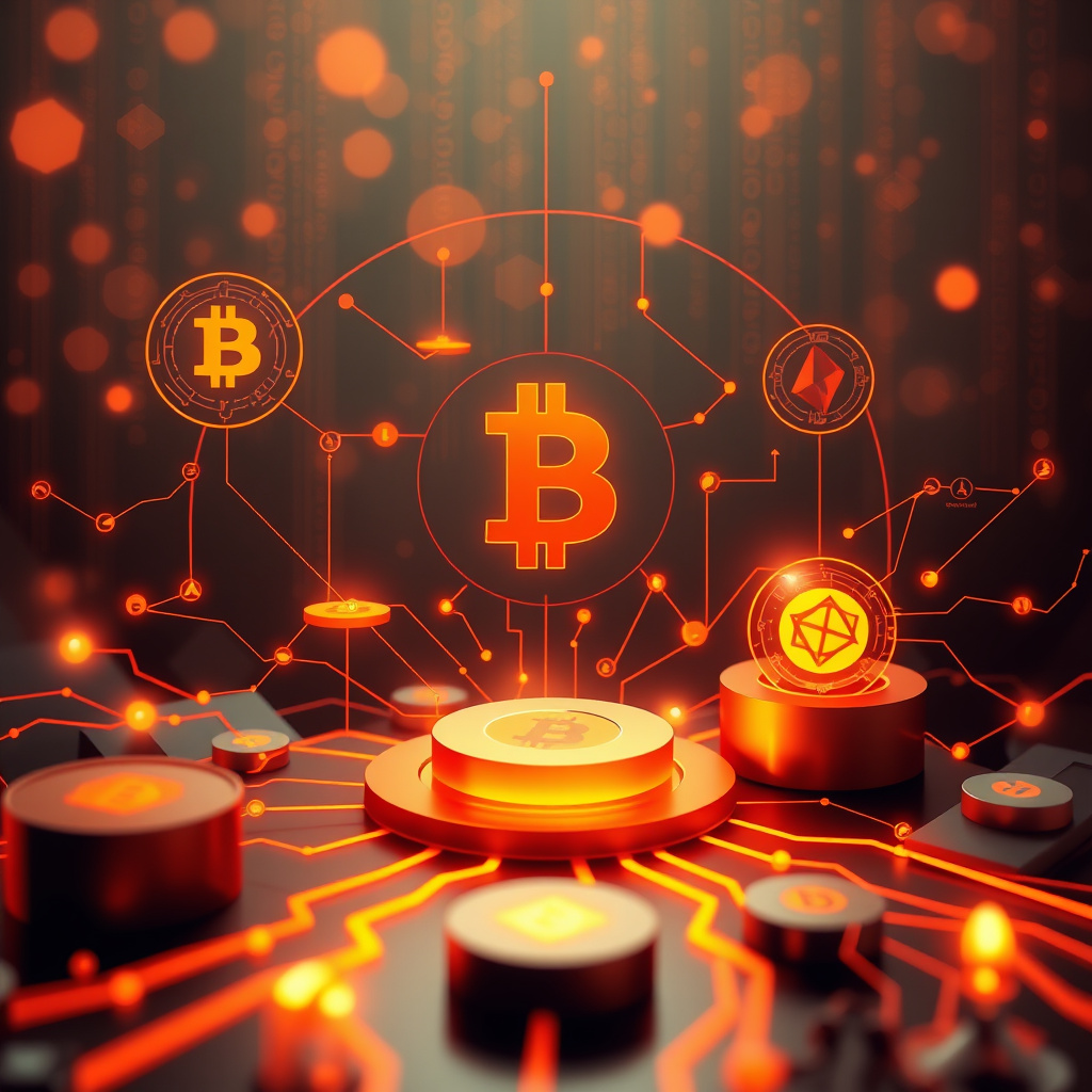 Digital cryptocurrency ecosystem visualization, amber and copper tones, modern abstract art, glow... (generated by AI)