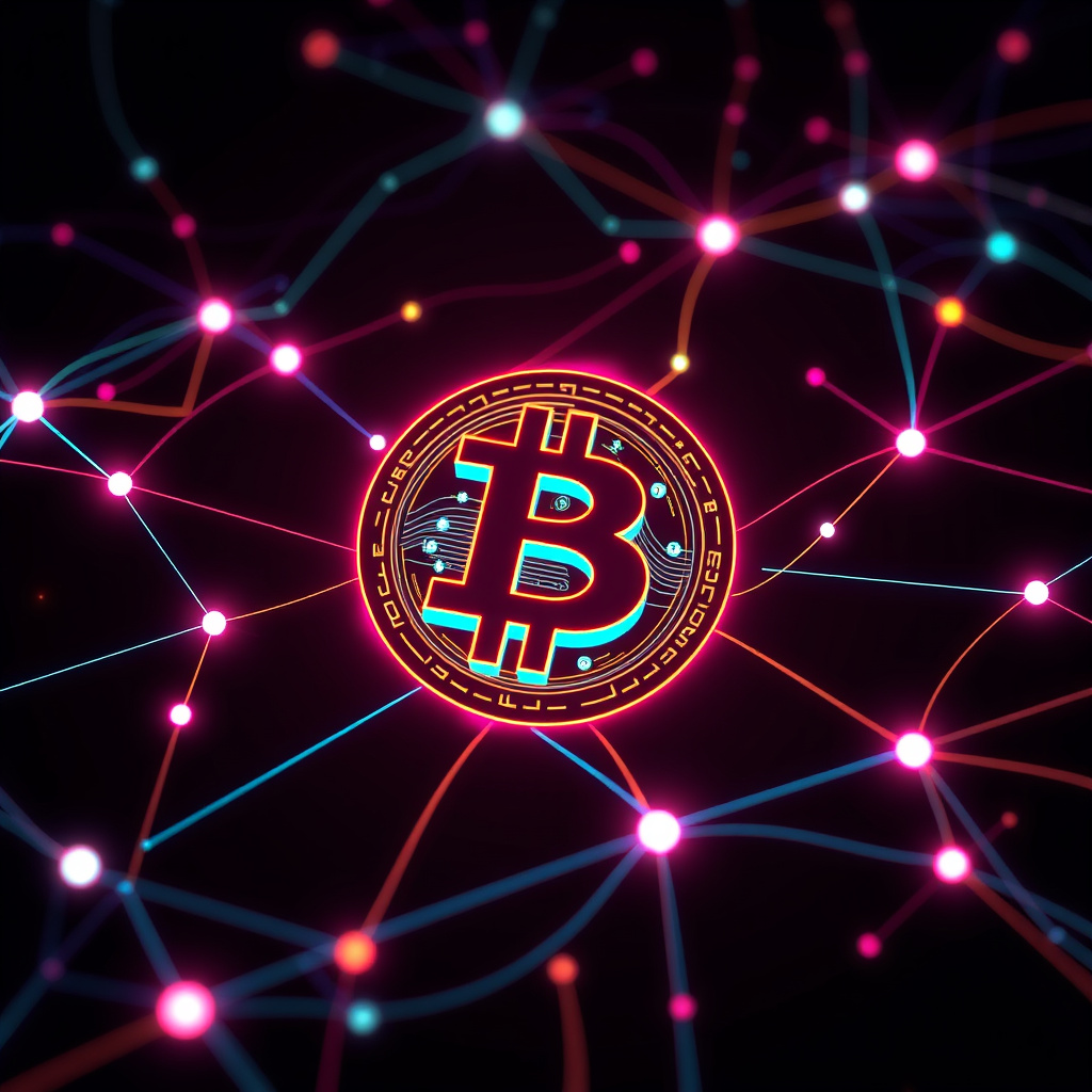 Blockchain network visualization, synthwave colors, glowing digital connections, dark background,... (generated by AI)