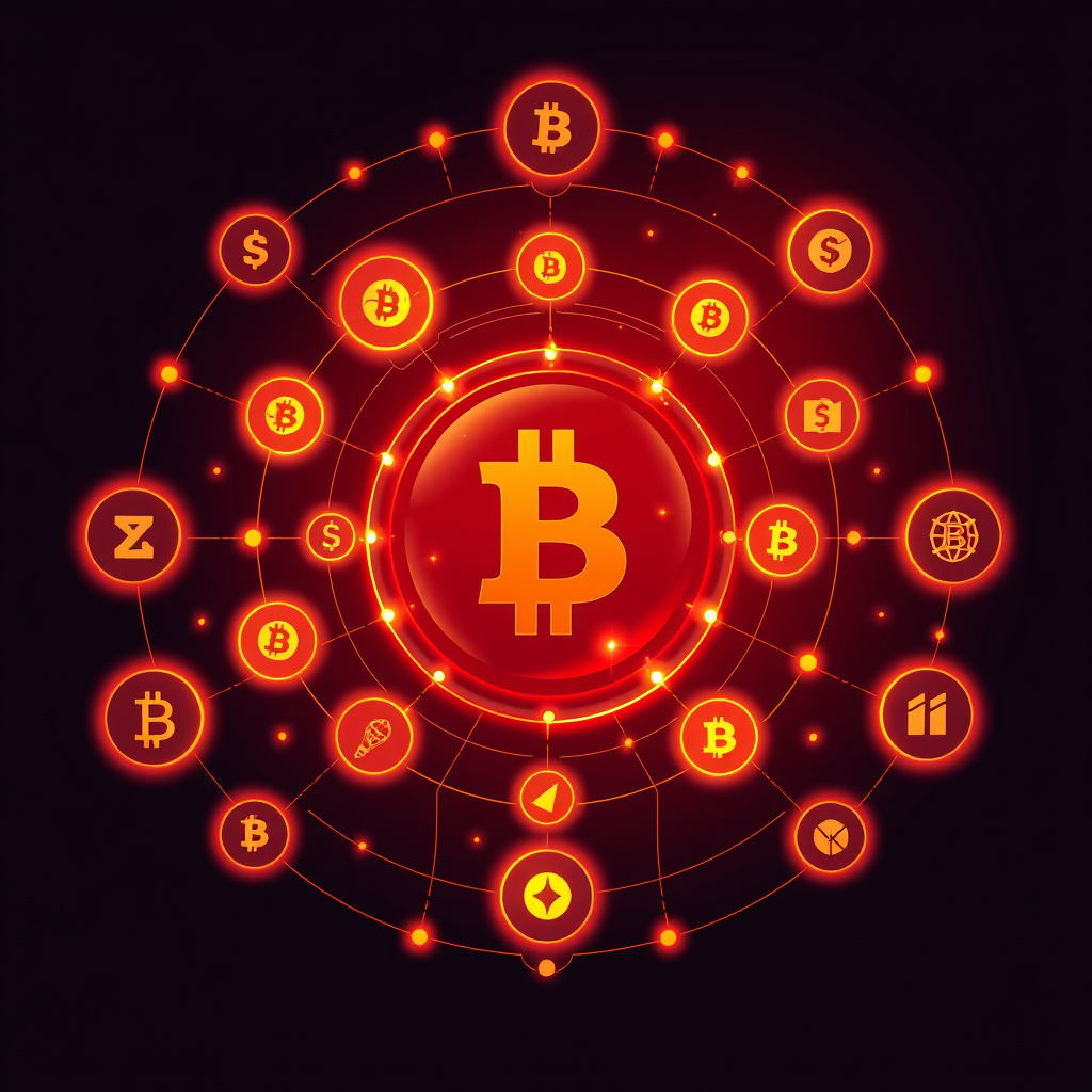 Digital cryptocurrency ecosystem visualization, orange and red highlights, modern abstract art, g... (generated by AI)