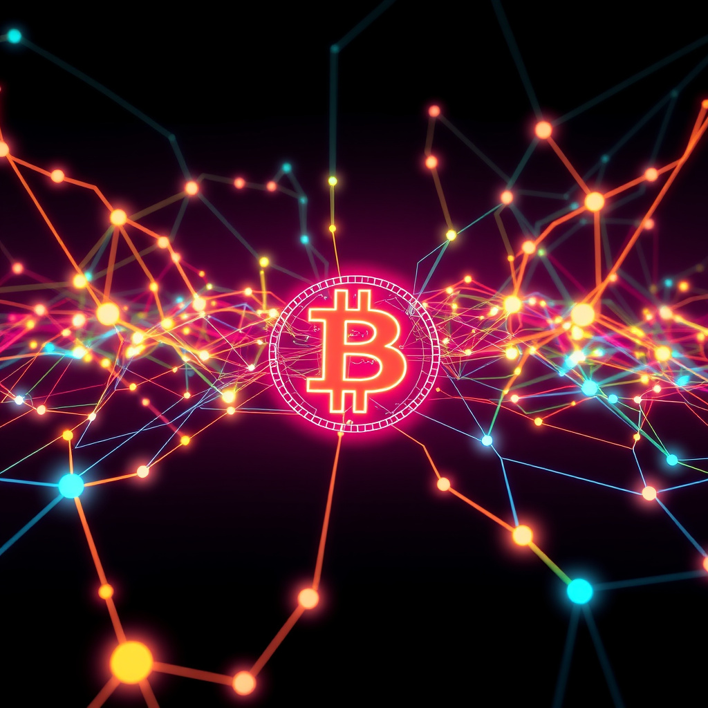 Blockchain network visualization, synthwave colors, glowing digital connections, dark background,... (generated by AI)