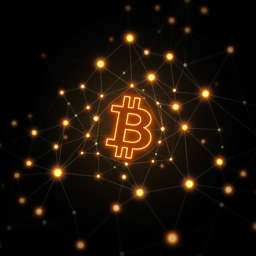 Blockchain network visualization, abstract geometric forms, glowing digital connections, dark bac... (generated by AI)