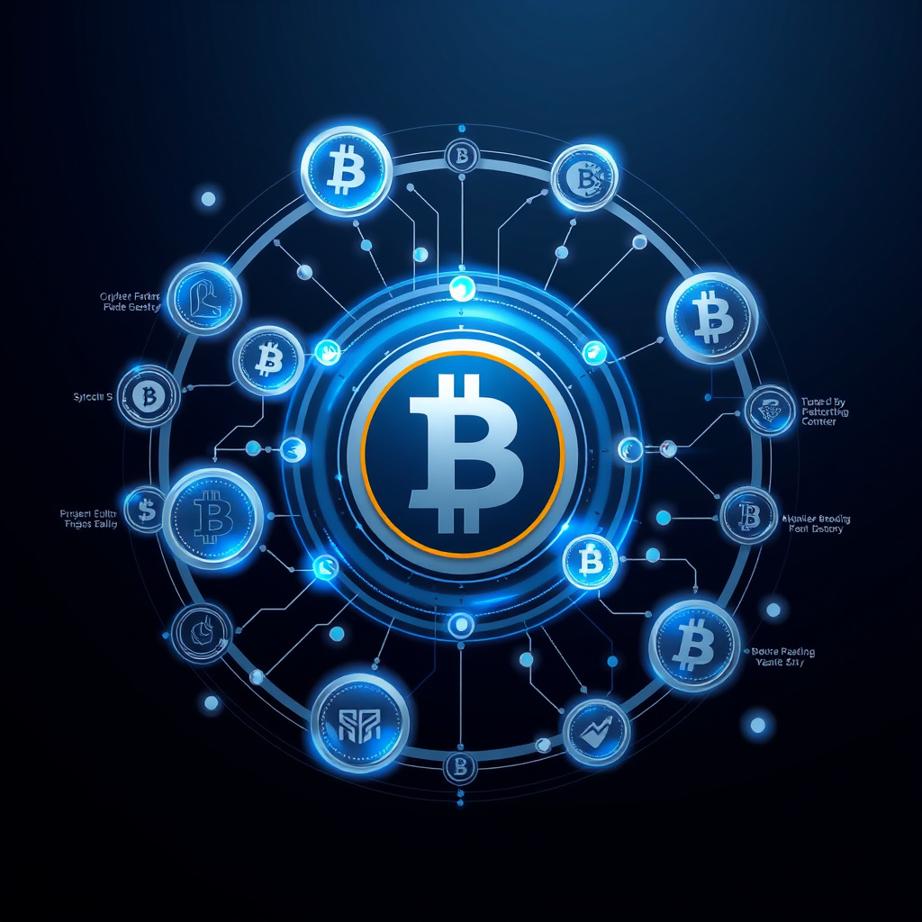 Digital cryptocurrency ecosystem visualization, silver and blue accents, modern abstract art, glo... (generated by AI)