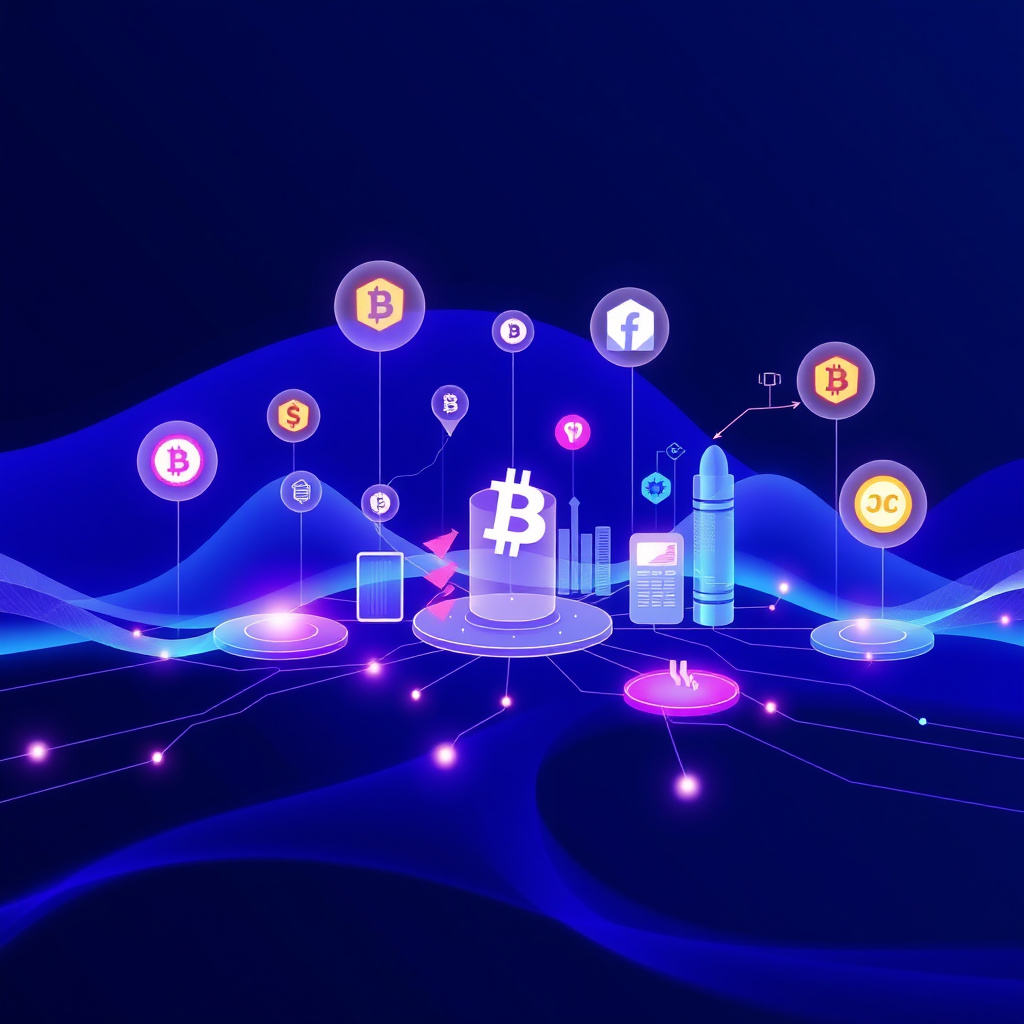 Digital cryptocurrency ecosystem visualization, blue and purple gradients, modern abstract art, g... (generated by AI)