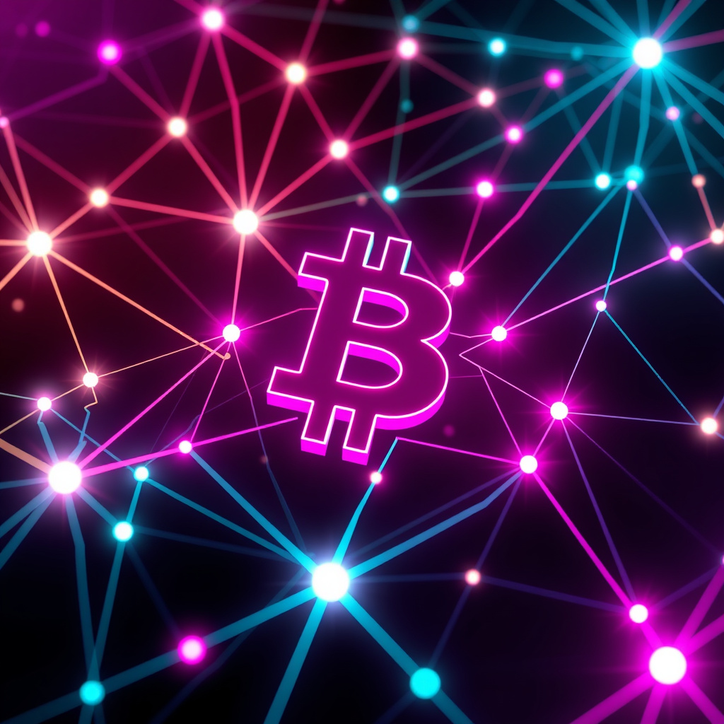 Blockchain network visualization, synthwave colors, glowing digital connections, dark background,... (generated by AI)