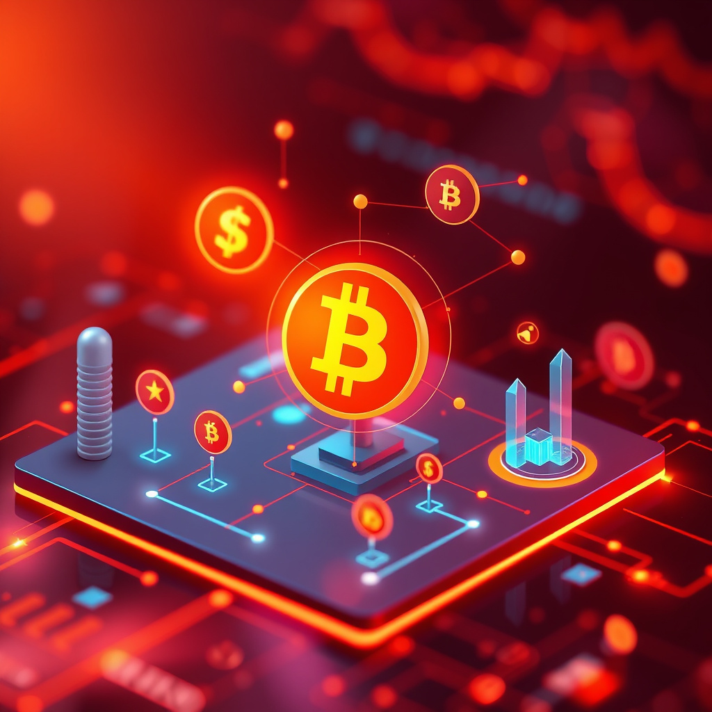 Digital cryptocurrency ecosystem visualization, orange and red highlights, modern abstract art, g... (generated by AI)