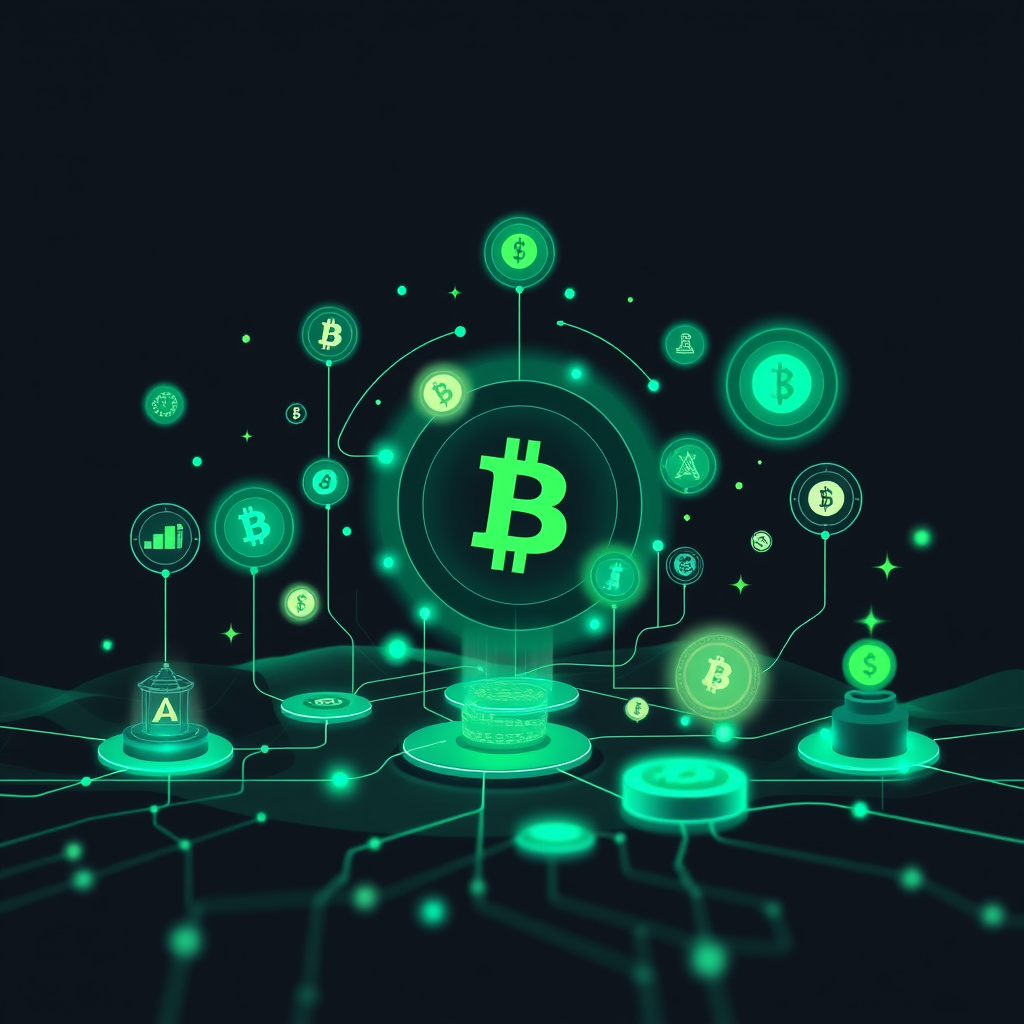 Digital cryptocurrency ecosystem visualization, green and cyan tones, modern abstract art, glowin... (generated by AI)
