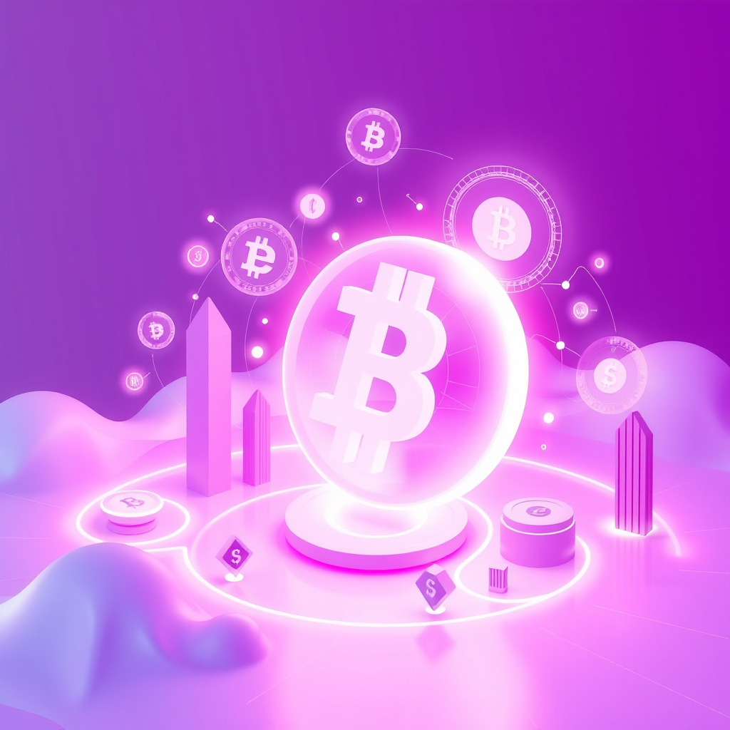 Digital cryptocurrency ecosystem visualization, pink and purple hues, modern abstract art, glowin... (generated by AI)