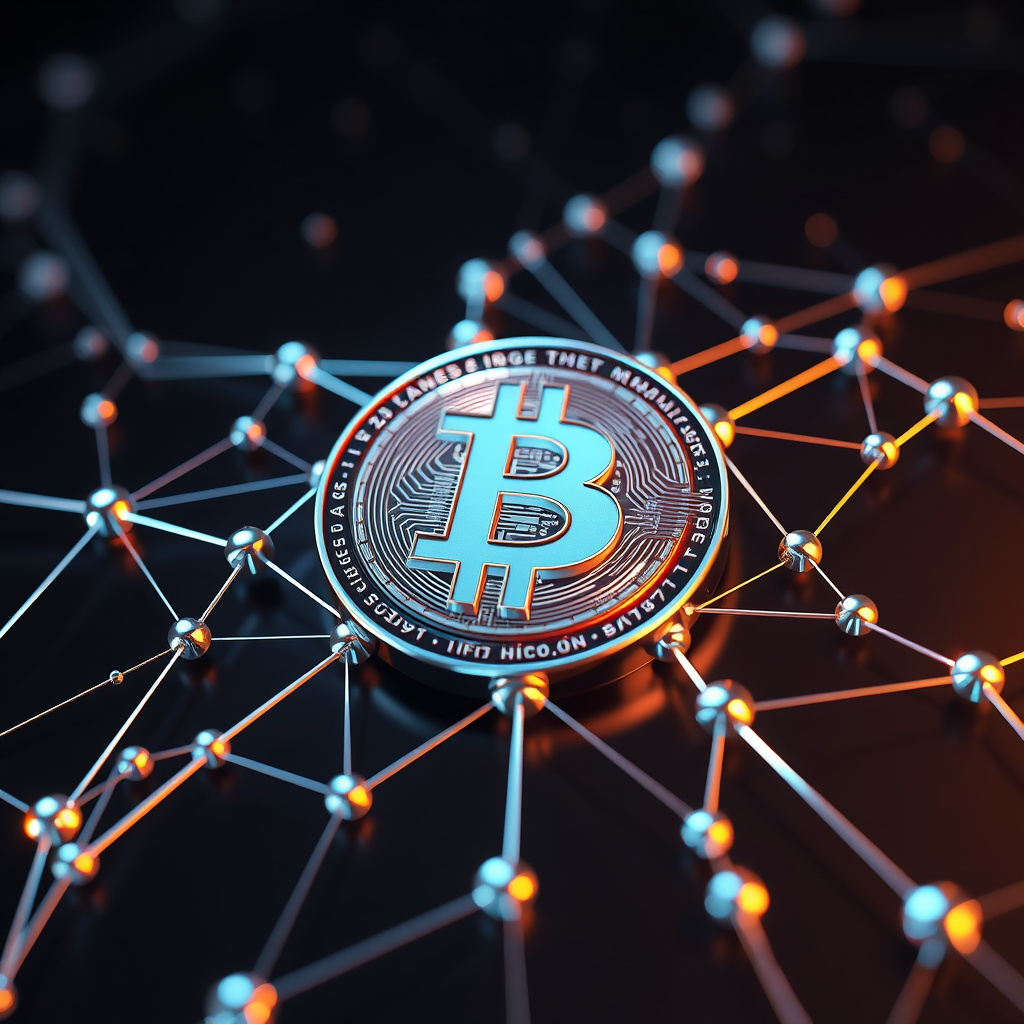 Blockchain network visualization, metallic surfaces, glowing digital connections, dark background... (generated by AI)