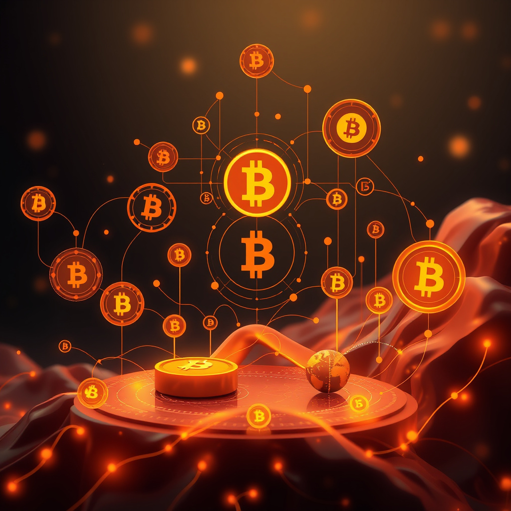 Digital cryptocurrency ecosystem visualization, amber and copper tones, modern abstract art, glow... (generated by AI)