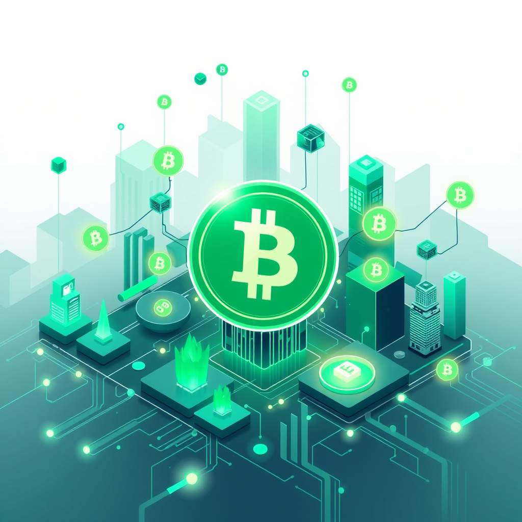 Digital cryptocurrency ecosystem visualization, green and cyan tones, modern abstract art, glowin... (generated by AI)