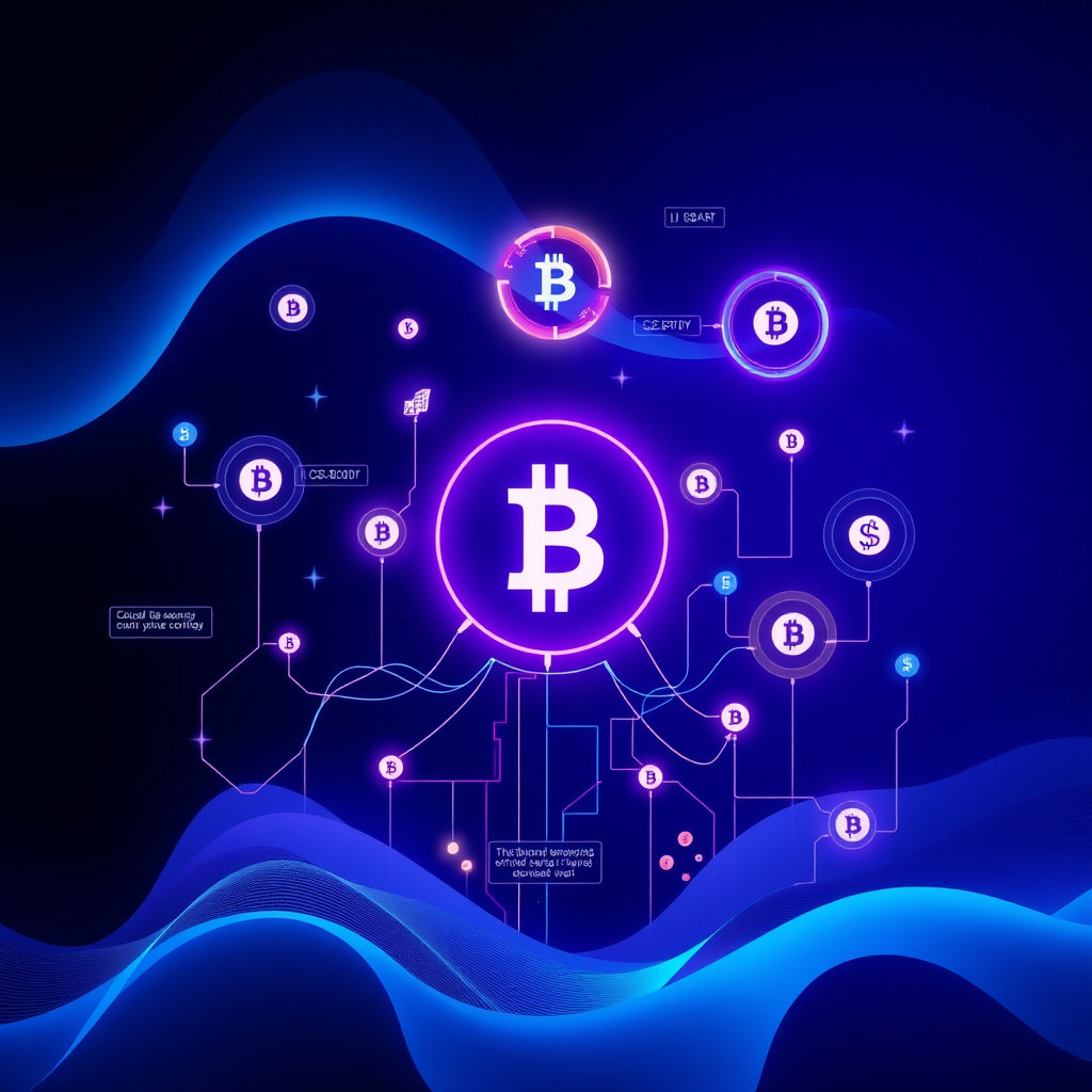 Digital cryptocurrency ecosystem visualization, blue and purple gradients, modern abstract art, g... (generated by AI)