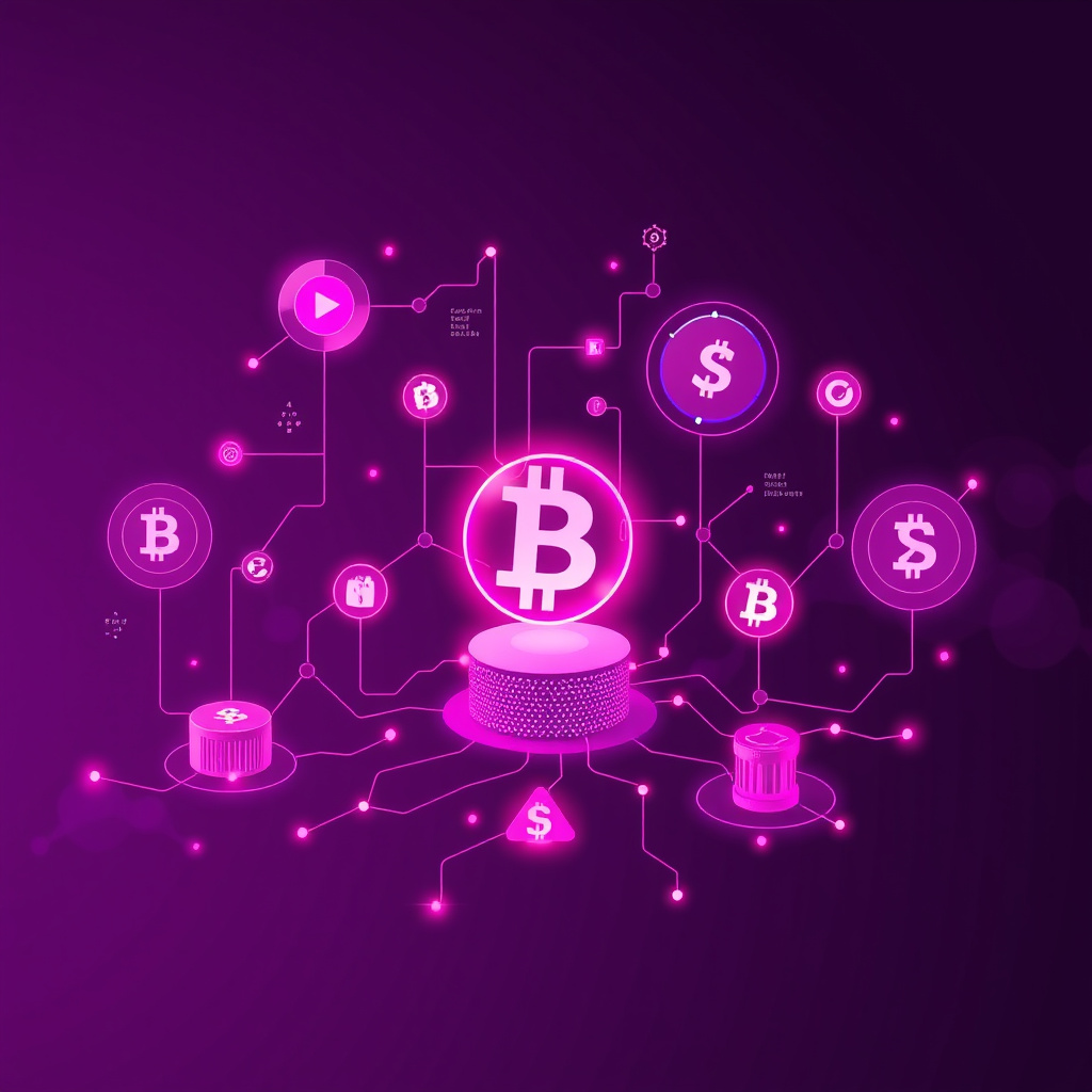 Digital cryptocurrency ecosystem visualization, pink and purple hues, modern abstract art, glowin... (generated by AI)