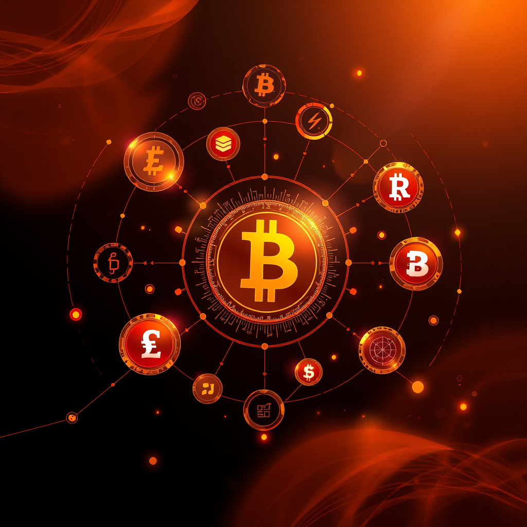 Digital cryptocurrency ecosystem visualization, amber and copper tones, modern abstract art, glow... (generated by AI)