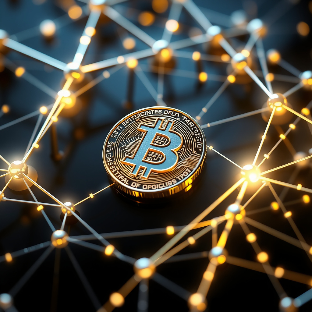 Blockchain network visualization, metallic surfaces, glowing digital connections, dark background... (generated by AI)