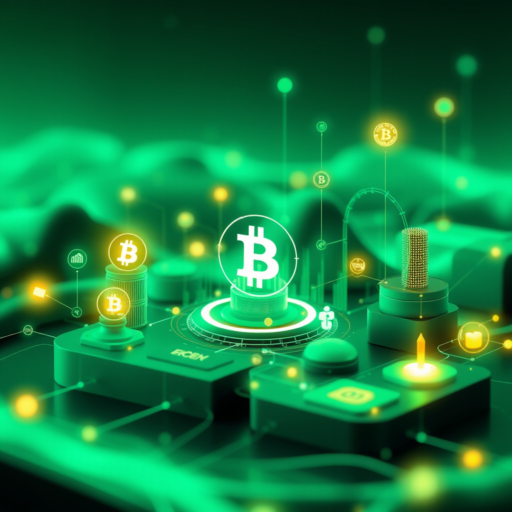 Digital cryptocurrency ecosystem visualization, green and cyan tones, modern abstract art, glowin... (generated by AI)