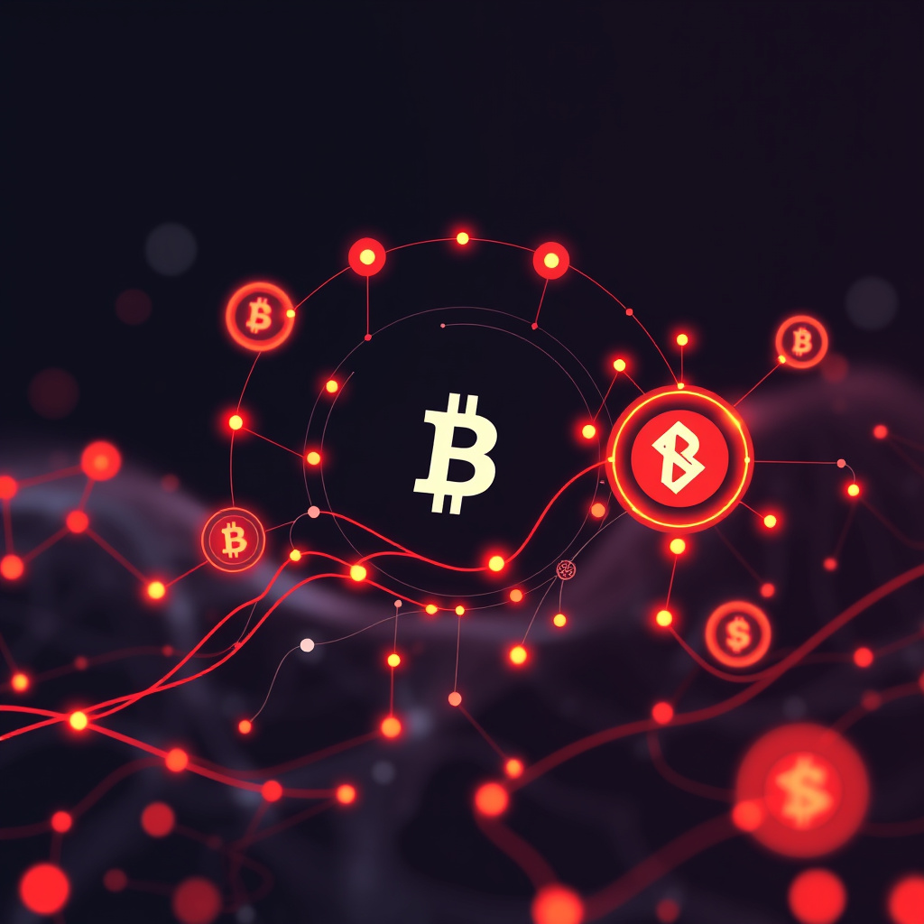 Digital cryptocurrency ecosystem visualization, orange and red highlights, modern abstract art, g... (generated by AI)