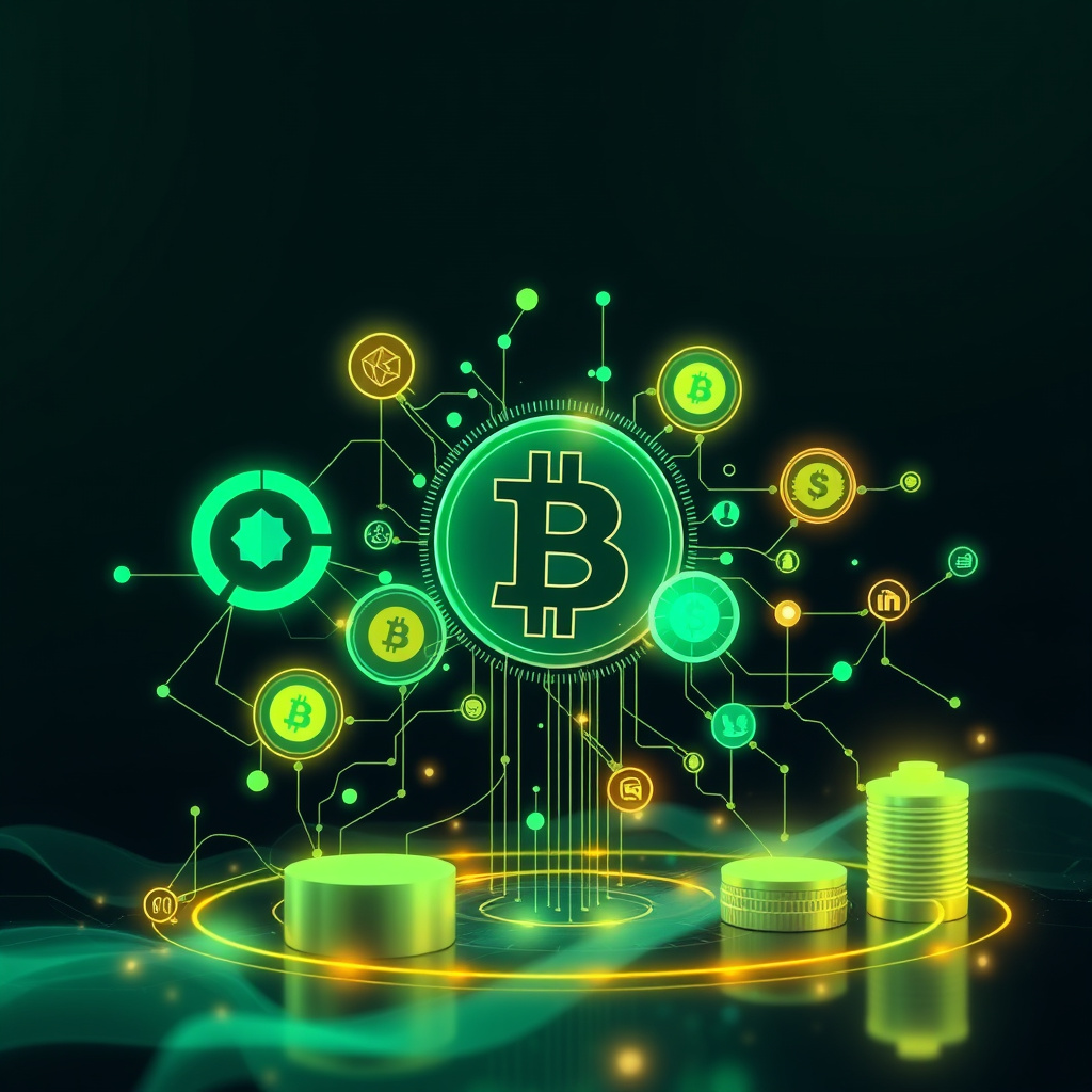 Digital cryptocurrency ecosystem visualization, green and cyan tones, modern abstract art, glowin... (generated by AI)