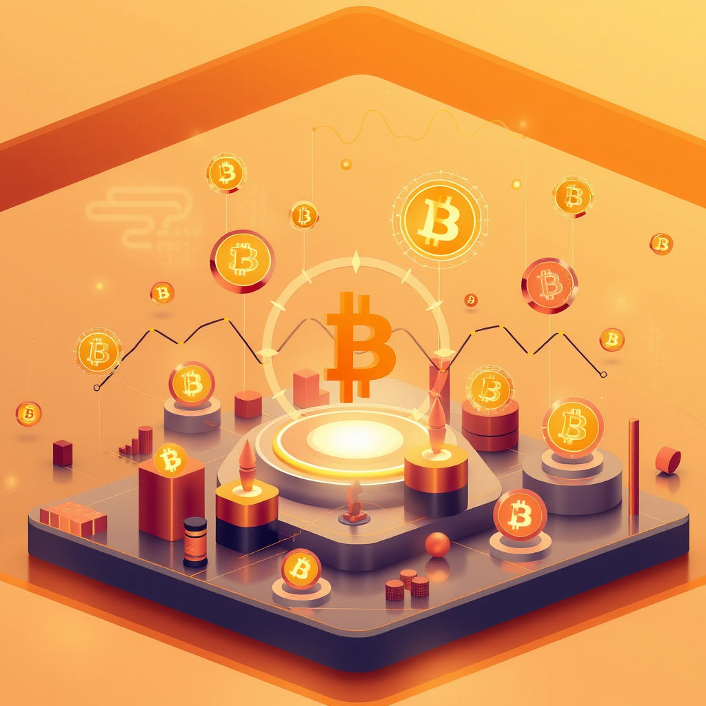 Digital cryptocurrency ecosystem visualization, amber and copper tones, modern abstract art, glow... (generated by AI)