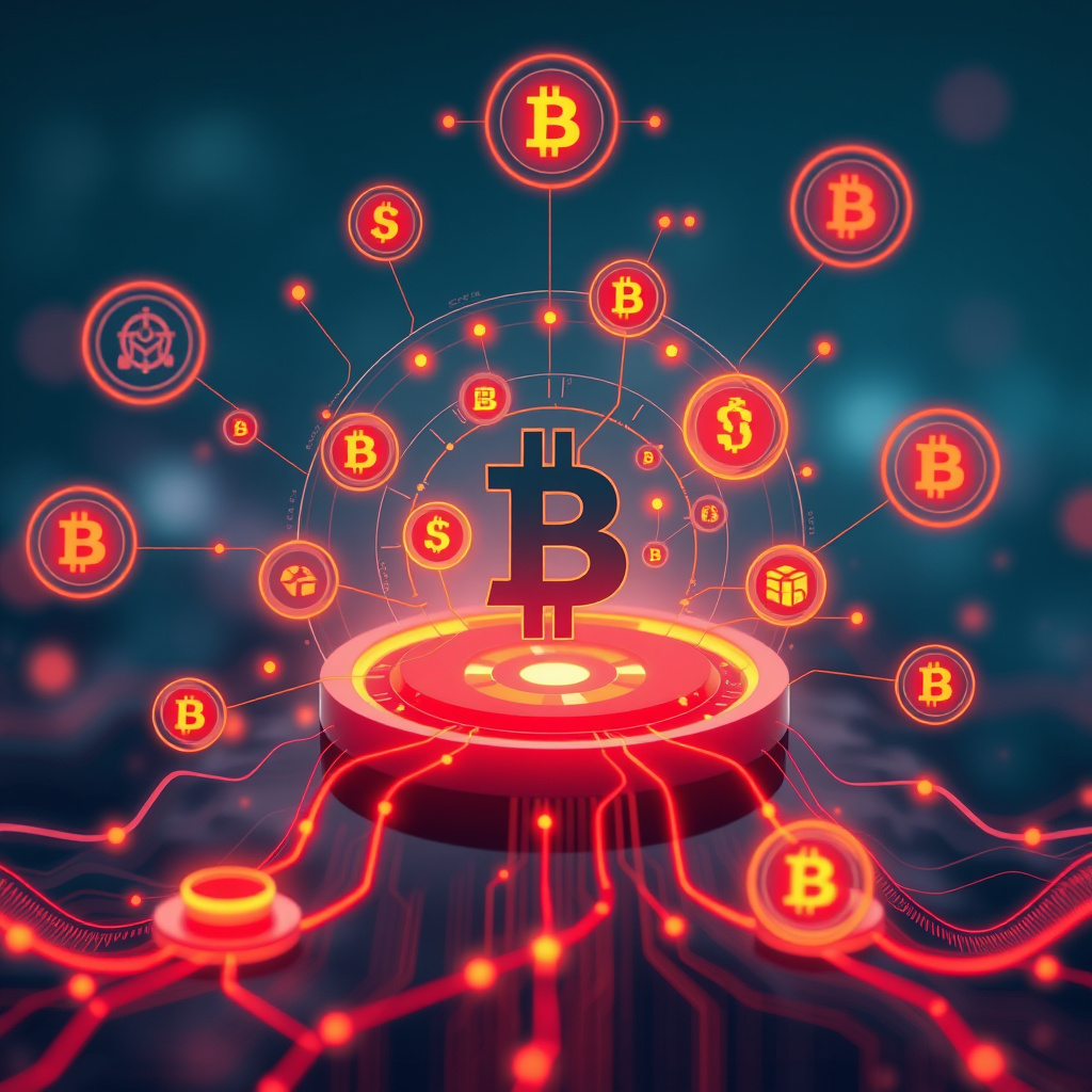 Digital cryptocurrency ecosystem visualization, orange and red highlights, modern abstract art, g... (generated by AI)