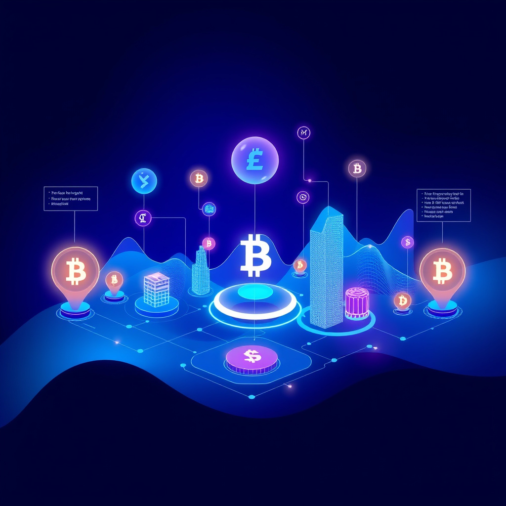 Digital cryptocurrency ecosystem visualization, blue and purple gradients, modern abstract art, g... (generated by AI)