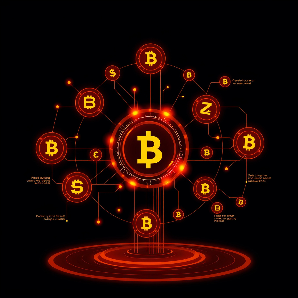 Digital cryptocurrency ecosystem visualization, orange and red highlights, modern abstract art, g... (generated by AI)
