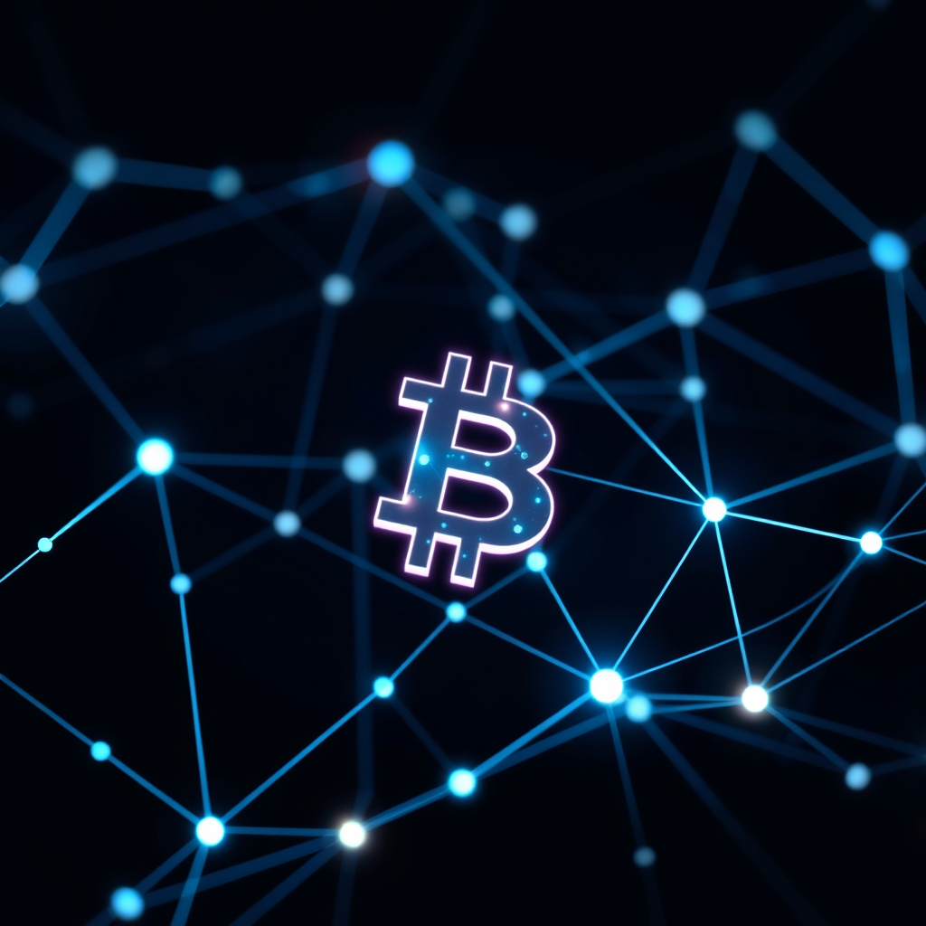 Blockchain network visualization, glass morphism style, glowing digital connections, dark backgro... (generated by AI)