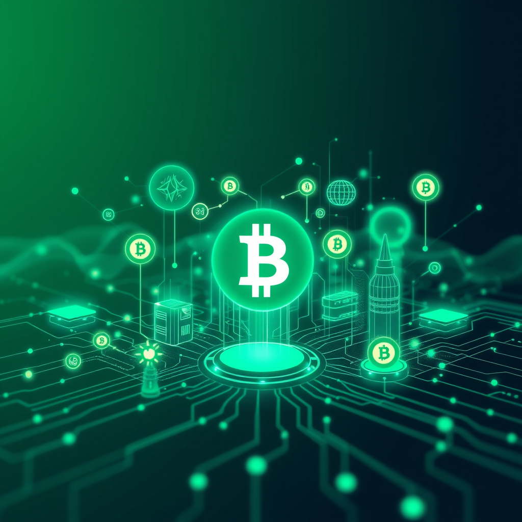 Digital cryptocurrency ecosystem visualization, green and cyan tones, modern abstract art, glowin... (generated by AI)